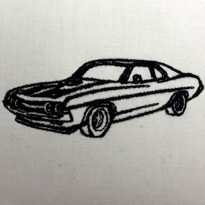 May include: Black and white line drawing of a classic car, embroidered on a white fabric surface.