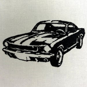 May include: Black embroidered image of a classic car on a white background. The car is a vintage model, likely a muscle car, with detailed stitching outlining its body, wheels, and windows. The design is a bold, graphic representation of the vehicle.
