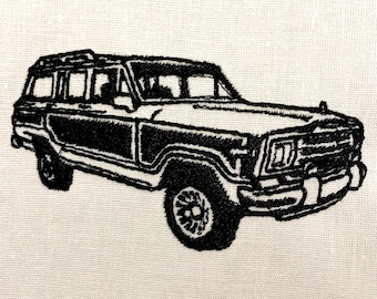 May include: Black and white line drawing of a vintage Jeep Wagoneer. The vehicle is depicted in profile, with the front facing the viewer. The drawing is detailed, showing the vehicle's distinctive features, including the roof rack, spare tire, and side windows.