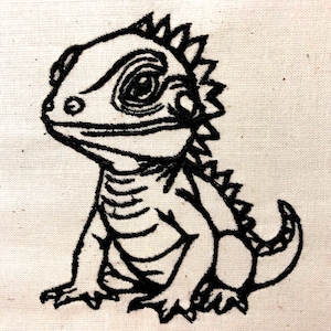 May include: Black and white line drawing of a small, spiky, lizard-like creature with a long tail. The creature is sitting on its hind legs with its front legs tucked in.