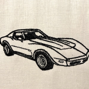 May include: Black and white line drawing of a classic sports car. The car has a long hood and a rounded body style.