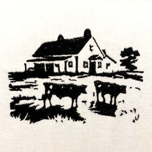 May include: Black and white illustration of a farmhouse with a barn door and two cows in a field.