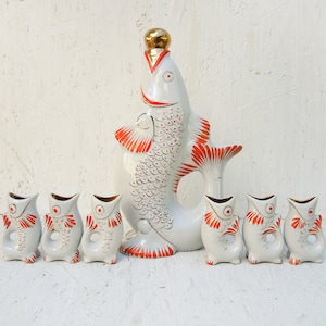 Coi Carp Porcelain Drinking Set White Fish Family - Big Fish Carp Decanter and 6 shot glasses
