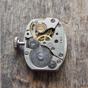May include: Close-up of a vintage watch movement with visible gears, screws, and a winding stem. The metal components are silver and gold-toned, with a small red jewel. The watch mechanism is set against a weathered wooden surface.
