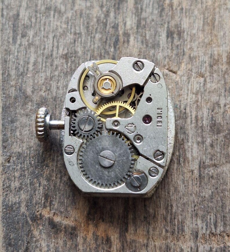 May include: Close-up of a vintage watch movement with visible gears, screws, and a winding stem. The metal components are silver and gold-toned, with a small red jewel. The watch mechanism is set against a weathered wooden surface.
