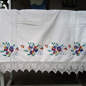 Antique embroidered and crochet traditional Ukrainian bed sheet, Pansies flowers, Antique folk bed linen, Handmade, Eco friendly