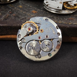 Pode incluir: Close-up de um movimento de relógio desmontado, mostrando engrenagens intrincadas, joias e componentes metálicos. O mecanismo do relógio apresenta uma base prateada com engrenagens douradas e pequenas joias vermelhas. A palavra "HANPER" é visível.