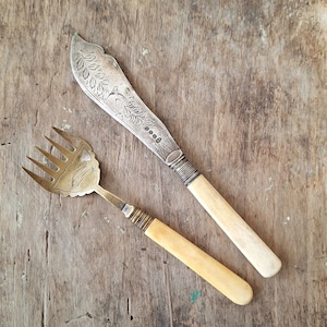 May include: Antique silver butter knife and serving fork set. The knife features a decorative blade with etched floral and bird designs, and a cream-colored handle. The fork has a similar design and handle. The set is displayed on a rustic wooden surface.