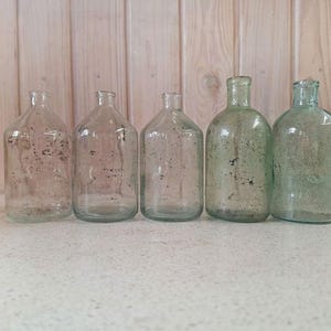 Può includere: Cinque bottiglie di vetro trasparente di varie forme e dimensioni. Le bottiglie hanno un aspetto vintage con alcune scoloriture e imperfezioni. Sono disposte in fila su uno sfondo di legno chiaro.