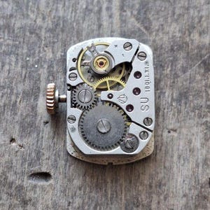 Puede incluir: Primer plano de un movimiento de reloj vintage. El mecanismo rectangular plateado presenta intrincados engranajes, tornillos y un volante dorado. Una peque&ntilde;a corona texturizada de oro rosa es visible en el lateral. El texto "SU 1901.1.XI." est&aacute; impreso en el mecanismo.