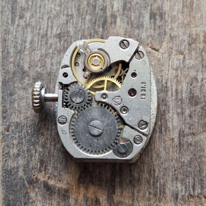 May include: Close-up of a vintage watch movement with intricate gears, a winding stem, and a small ruby jewel. The metal components are silver and gold-toned, set against a weathered wooden surface. The watch mechanism is oval-shaped.