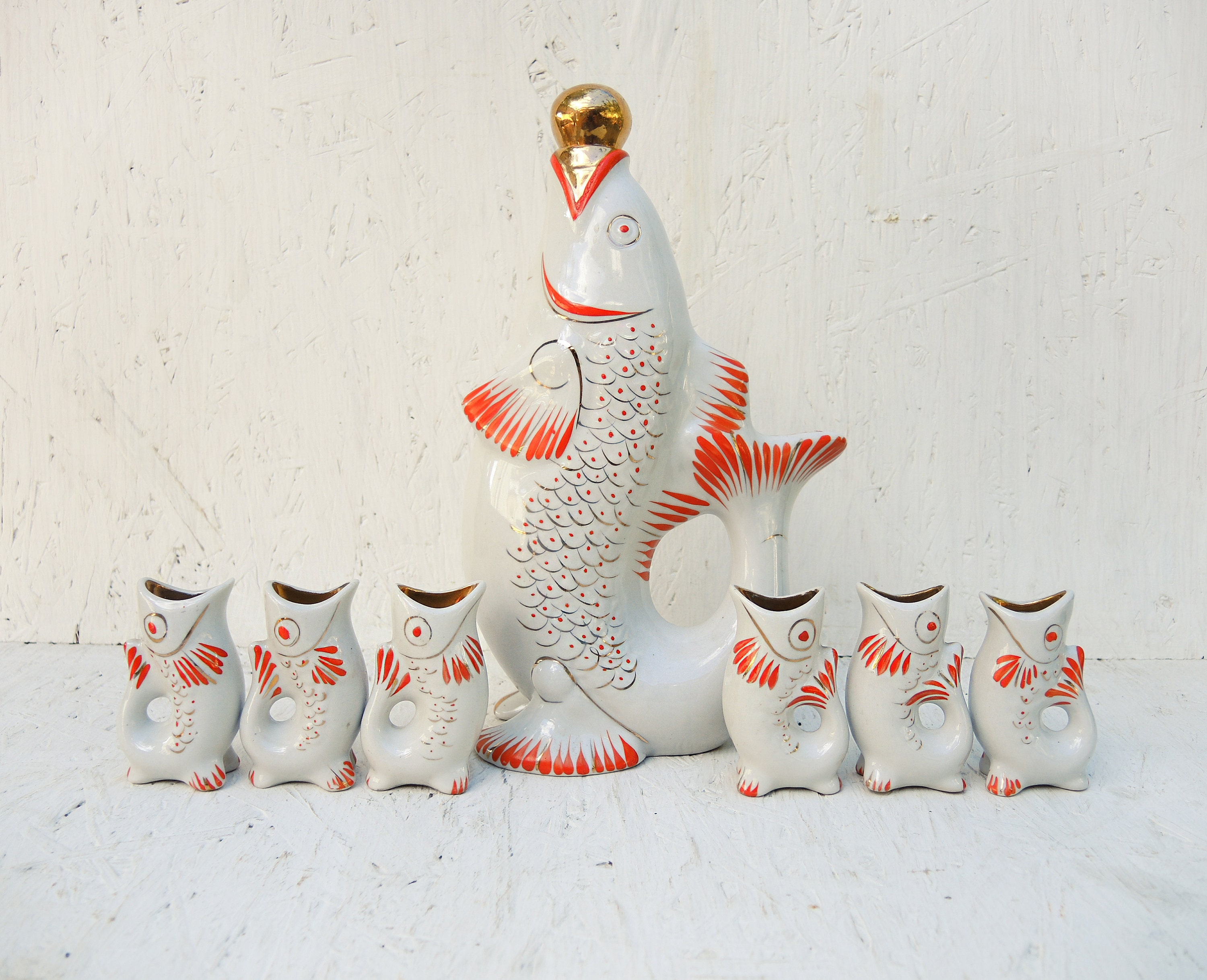 Coi Carp Porcelain Drinking Set White Fish Family - Big Fish Carp Decanter and 6 shot glasses