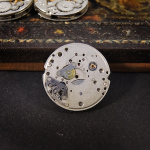 Peut inclure: Gros plan d'un mouvement de montre d&eacute;mont&eacute;. Le m&eacute;canisme argent&eacute; pr&eacute;sente des engrenages complexes, des vis et de petits bijoux rouges. Le mouvement de montre circulaire comporte plusieurs trous et se d&eacute;tache sur un fond sombre.