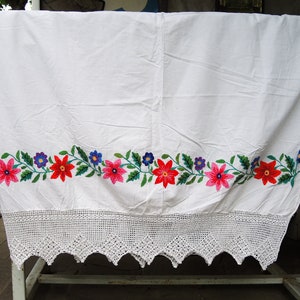 Antique embroidered and crochet traditional Ukrainian bed sheet, Red and blue flowers, Antique folk bed linen, Handmade, Eco friendly