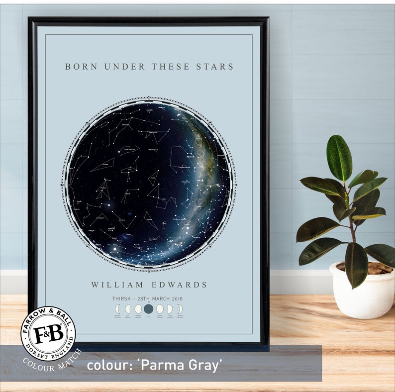 in Farrow /& Ball Borrowed Light colour or your choice of colour Born Under these stars Star Map