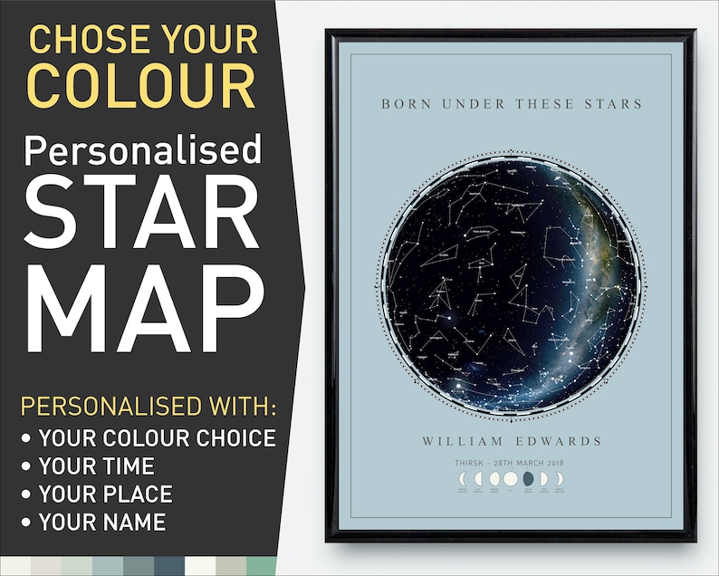 in Farrow /& Ball Borrowed Light colour or your choice of colour Born Under these stars Star Map