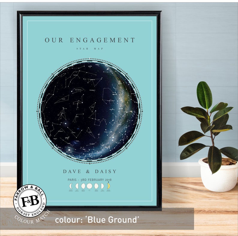 in Farrow /& Ball Pale Powder colour or your choice of colour Engagement gift Star Map
