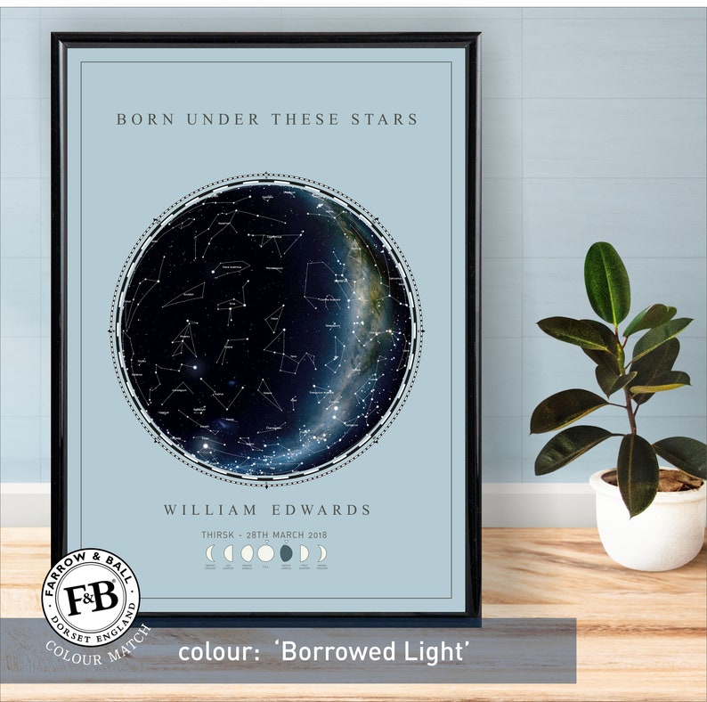 in Farrow /& Ball Borrowed Light colour or your choice of colour Born Under these stars Star Map