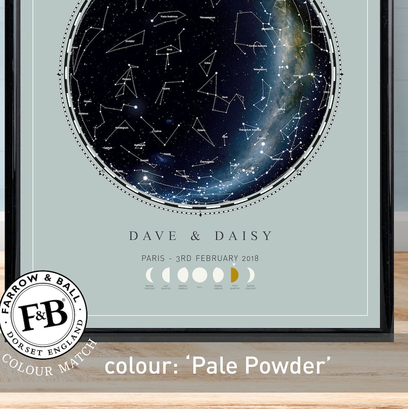 in Farrow /& Ball Pale Powder colour or your choice of colour Engagement gift Star Map