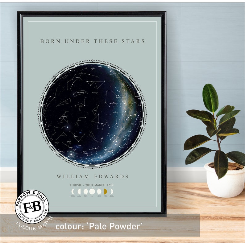 in Farrow /& Ball Borrowed Light colour or your choice of colour Born Under these stars Star Map