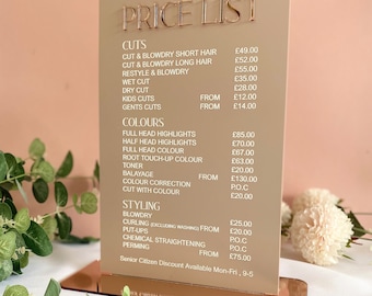 Custom Acrylic Salon Price List Sign: Engraved Small Business Decor