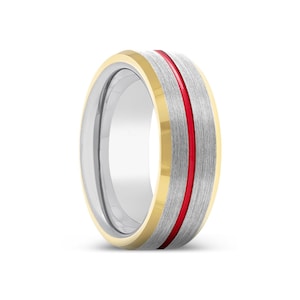 Silver Brushed Tungsten Ring, Red Groove Ring, Gold Beveled Edges, Tungsten Band, Mens Tungsten Ring, Unique Ring, Mens Wedding Band