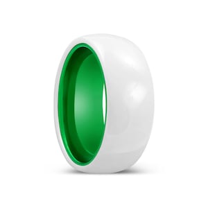 White Ceramic Ring, White Domed Ring, Ceramic Ring, Green Aluminum Ring, Mens Wedding Ring, Custom Ring, Personalized Ring, Engagement Ring