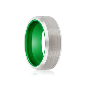 Green Tungsten Ring, Silver Beveled Ring, Men&#39;s Tungsten Ring, Two-Toned Brushed Ring, Men&#39;s Wedding Ring, Green Aluminum Ring Gifts