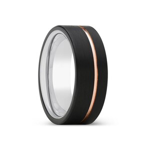 Black Brushed Ring, Rose Gold Offset Groove, Silver Tungsten Band, Mens Tungsten Ring, Tungsten Wedding Ring, Mens Ring, Engagement Ring