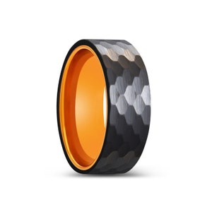 Personalized Orange Hammered Rings, Orange Aluminum Rings, Black Hammered Ring, Black Tungsten Ring, Hammered Men&#39;s Wedding Rings