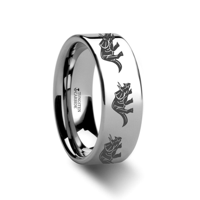 Gift Ring Custom Ring Women Ring Flat Ring Couple Ring Prehistoric Paleo Tungsten Band Stylish Ring Triceratops Ring Engraved Ring