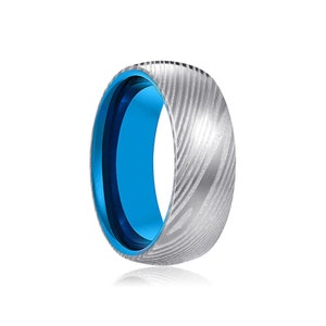 Silver Damascus Steel Ring, Blue Tungsten Ring, Gold Tungsten, Ring, Men Wedding Band, Classic Ring, Personalized Ring, Engagement Ring