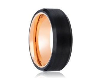 Black Brushed Ring, Rose Gold Tungsten, Beveled Edges Tungsten, Black Ring, Mens Ring, Wedding Band, Promise Ring, Stylish Ring, Gift Him
