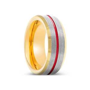 Silver Brushed Ring, Red Groove Ring, Gold Tungsten Ring, Gold Beveled Edges Ring, Custom Ring, Wedding Band, Mens Ring, Engagement Ring