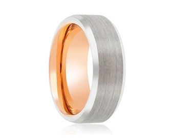 Borstad silverring, volfram i roséguld, silverring, avfasade kanter, vigselring för män, löftering, snygg ring, personlig ring