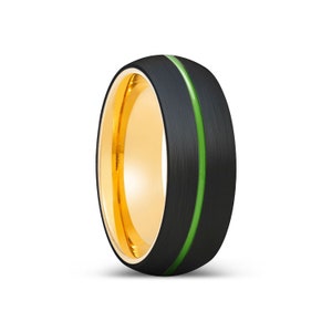 Black Domed Tungsten Ring with Green Stripe, Rose Gold Groove Ring, Mens Personalized Ring, Rose Gold Tungsten Ring, Brushed Gold Ring