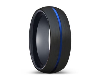 Tungsten Ring Man, Men's Tungsten Wedding Band, Tungsten Band, Personalized Engraving, Men's Ring, Tungsten, Men's Ring Black, Blue Groove