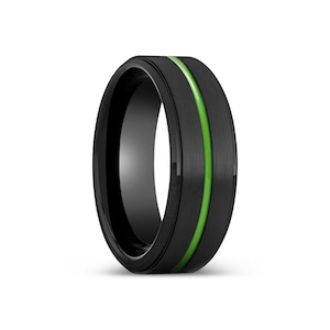 Black Tungsten Ring with Green Stripe, Green Tungsten Wedding Band Ring, Black Groove Ring, Black Stepped Edges Ring, Comfort Fit Rings