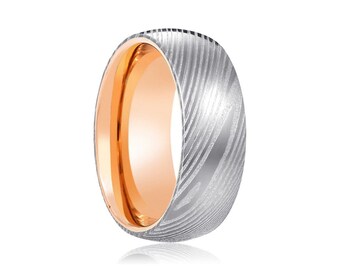 Silver Damascus Steel Ring, Rose Gold Tungsten Ring, Men Ring, Wedding Ring, Engagement ring, Classic Ring, Gift for Him, Wedding Band
