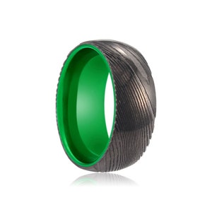 Gunmetal Damascus Ring, Damascus Steel Ring, Green Aluminum, Couples Ring, Mens Wedding Band, Personalized Ring, Engagement Ring