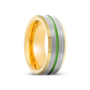 Gold Tungsten Ring, Green Stepped Edges Ring, Gold Beveled Edges Ring, Silver Brushed Ring, Gold Groove Ring, Wedding Band Ring Gift