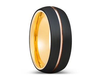 Black Brushed Ring, Tungsten Ring, Domed Ring, Rose Gold Groove Groove Ring, Gold Tungsten, Wedding Band, Mens Wedding Ring, Women Ring