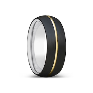 Black Brushed Tungsten Ring, Domed Gold Groove Ring,  Silver Tungsten Band, Mens Tungsten Ring, Tungsten Wedding Ring,  Mens Wedding Band