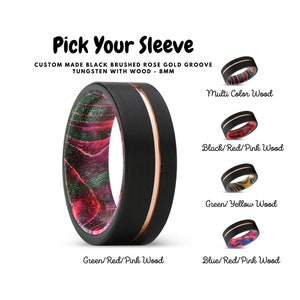 Rose Gold Offset Grooved Tungsten Ring, Black Brushed Wooden Tungsten Band, Mens Tungsten Ring, Tungsten Wedding Band, Mens Wedding Band