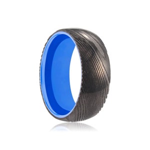 Gunmetal Damascus Ring, Damascus Steel Ring, Blue Aluminum, Couples Ring, Mens Wedding Band, Personalized Ring, Stylish Ring, Couples Ring