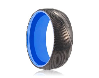 Gunmetal Damascus Ring, Damascus Steel Ring, Blue Aluminum, Couples Ring, Mens Wedding Band, Personalized Ring, Stylish Ring, Couples Ring