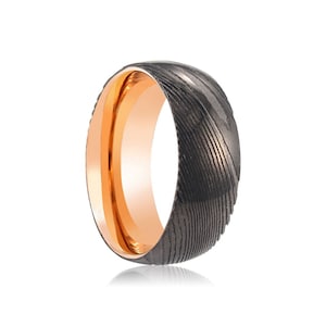 Bague en acier damas bronze, bague en tungstène or rose, bague pour homme, alliance, bague de fiançailles, bague classique, cadeau pour lui, alliance