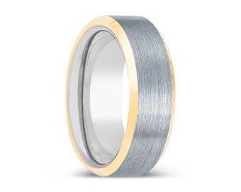 Borstad silverring, silvervolframring, avfasade kanter i gult guld, volframband, volframring för män, unik ring, vigselring för män