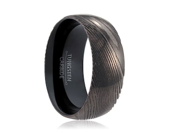 Pierścień ze stali damasceńskiej w kolorze gunmetal, pierścień z wolframu dla mężczyzn, obrączka ślubna męska z wolframu, obrączka z wolframu, grawerowanie spersonalizowane, pierścień męski, wolfram