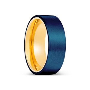 Blue Brushed Ring, Blue Tungsten Ring, Flat Ring, Flat Tungsten Ring, Promise Ring, Gold Tungsten, Wedding Band, Men Ring, Personalized Ring